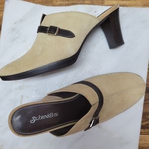 Tan and brown slide on Mules